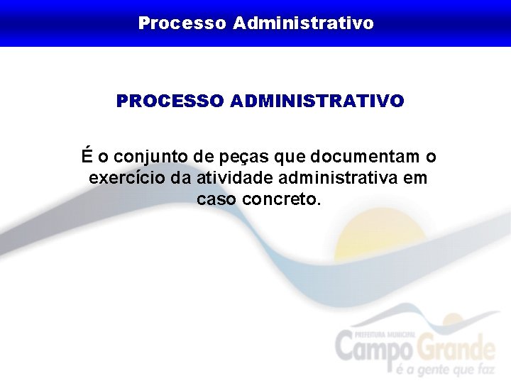 Processo Administrativo PROCESSO ADMINISTRATIVO É o conjunto de peças que documentam o exercício da