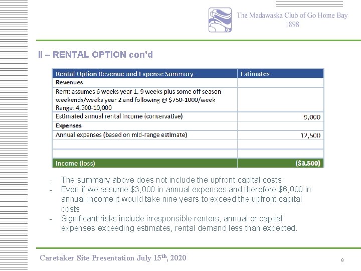 II – RENTAL OPTION con’d - The summary above does not include the upfront