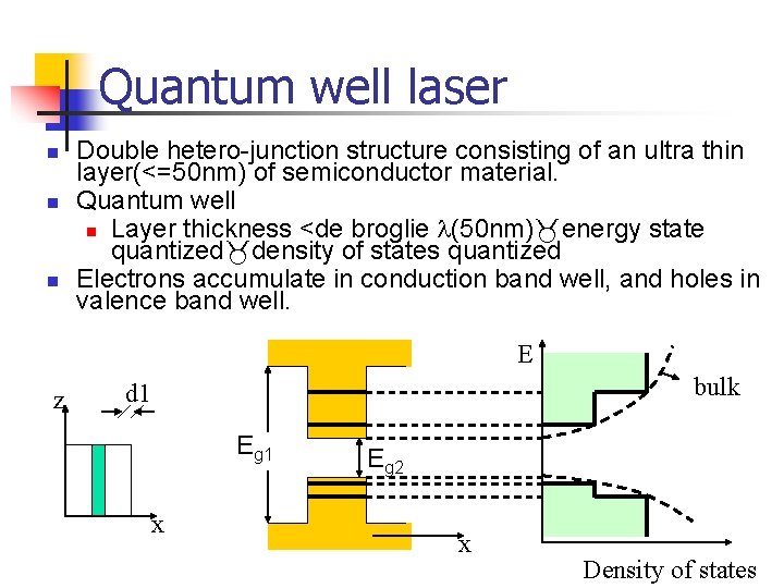 Quantum well laser n n n Double hetero-junction structure consisting of an ultra thin Quantum well laser n n n Double hetero-junction structure consisting of an ultra thin