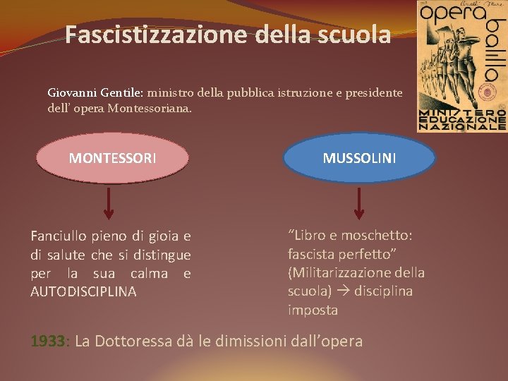 Fascistizzazione della scuola Giovanni Gentile: ministro della pubblica istruzione e presidente dell’ opera Montessoriana.