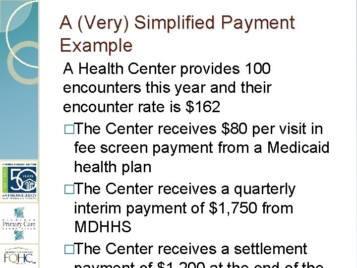 A (Very) Simplified Payment Example A Health Center provides 100 encounters this year and