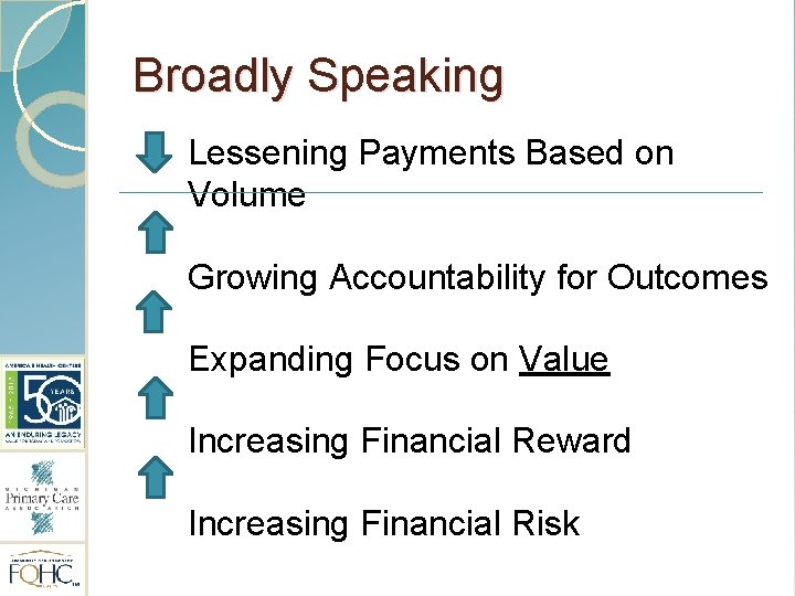 Broadly Speaking Lessening Payments Based on Volume Growing Accountability for Outcomes Expanding Focus on