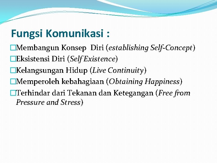 Fungsi Komunikasi : �Membangun Konsep Diri (establishing Self-Concept) �Eksistensi Diri (Self Existence) �Kelangsungan Hidup