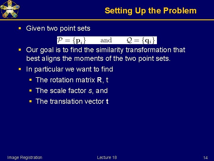 Setting Up the Problem § Given two point sets § Our goal is to