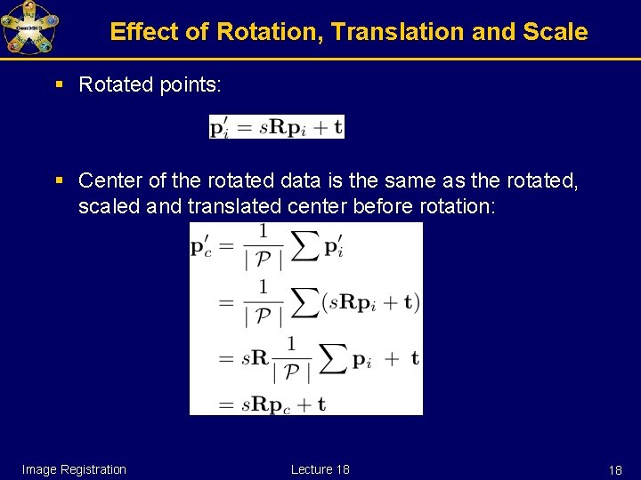Effect of Rotation, Translation and Scale § Rotated points: § Center of the rotated