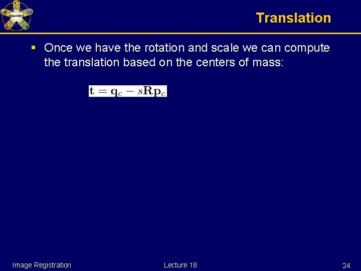 Translation § Once we have the rotation and scale we can compute the translation
