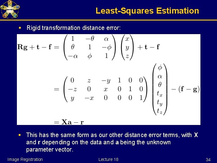 Least-Squares Estimation § Rigid transformation distance error: § This has the same form as