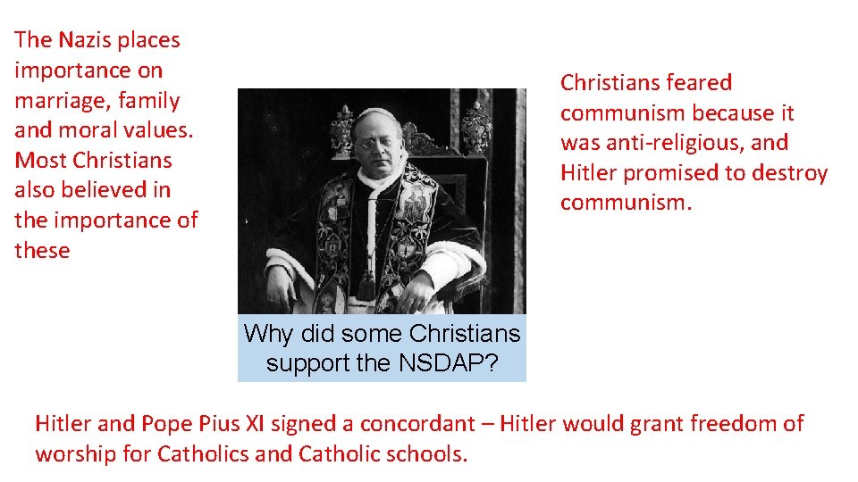 The Nazis places importance on marriage, family and moral values. Most Christians also believed