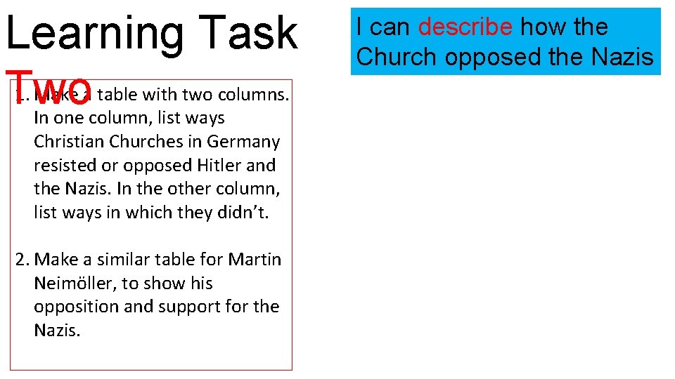 Learning Task 1. Make a table with two columns. Two In one column, list
