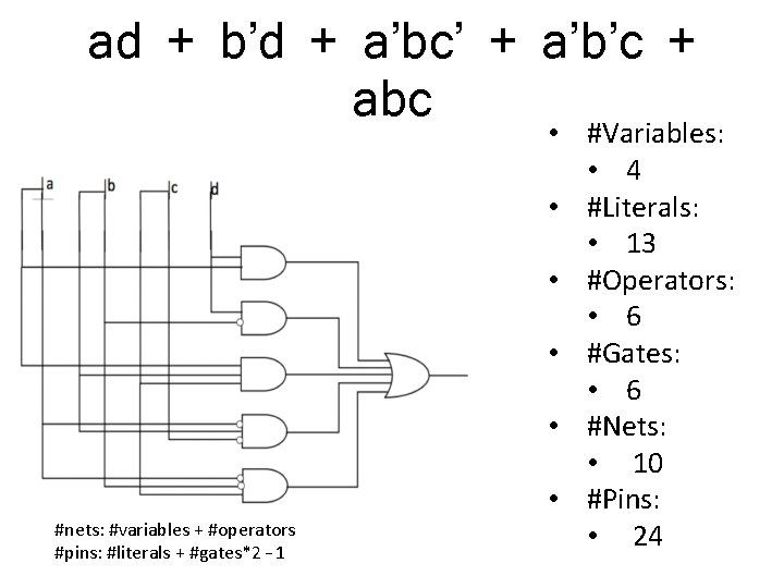 ad + b’d + a’bc’ + a’b’c + abc #nets: #variables + #operators #pins:
