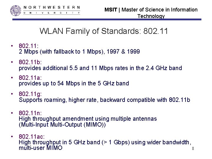 MSIT | Master of Science in Information Technology WLAN Family of Standards: 802. 11 MSIT | Master of Science in Information Technology WLAN Family of Standards: 802. 11