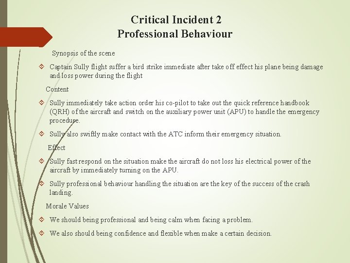 Critical Incident 2 Professional Behaviour Synopsis of the scene Captain Sully flight suffer a
