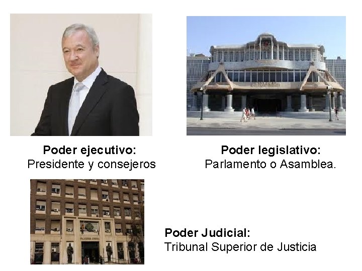 Poder ejecutivo: Presidente y consejeros Poder legislativo: Parlamento o Asamblea. Poder Judicial: Tribunal Superior