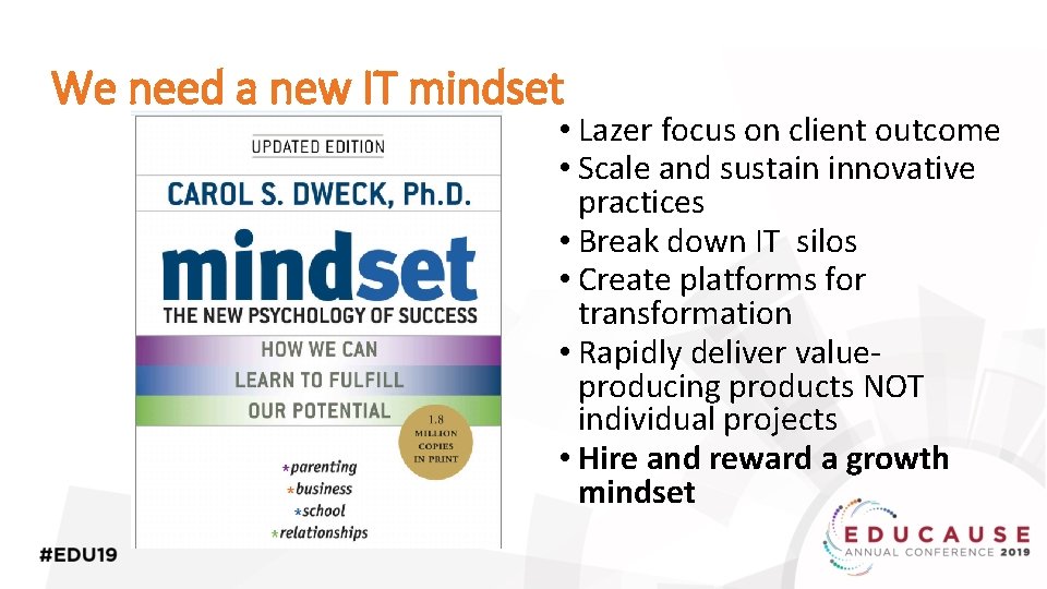 We need a new IT mindset • Lazer focus on client outcome • Scale