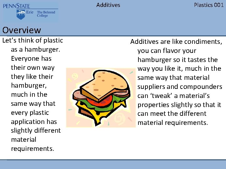 Additives Plastics 001 Overview Let’s think of plastic as a hamburger. Everyone has their