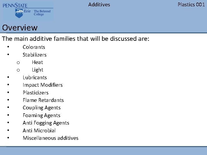 Additives Overview The main additive families that will be discussed are: • • •