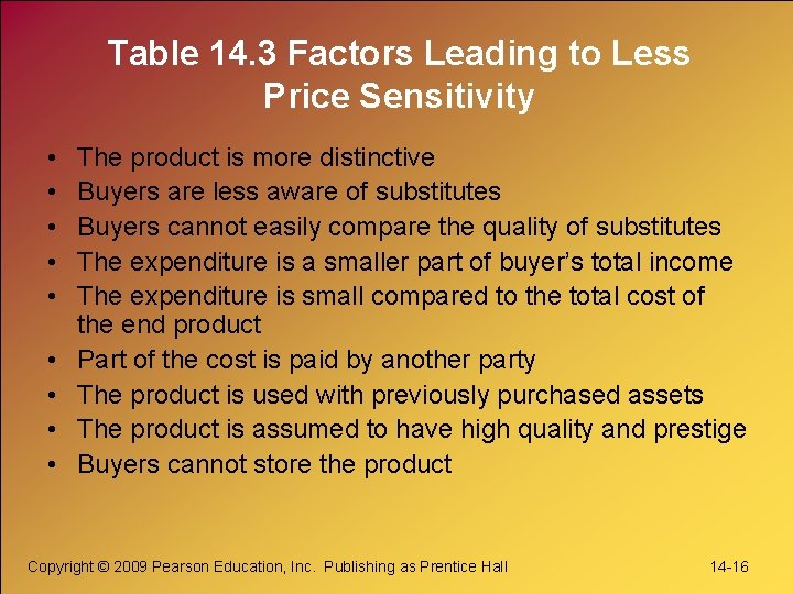 Table 14. 3 Factors Leading to Less Price Sensitivity • • • The product