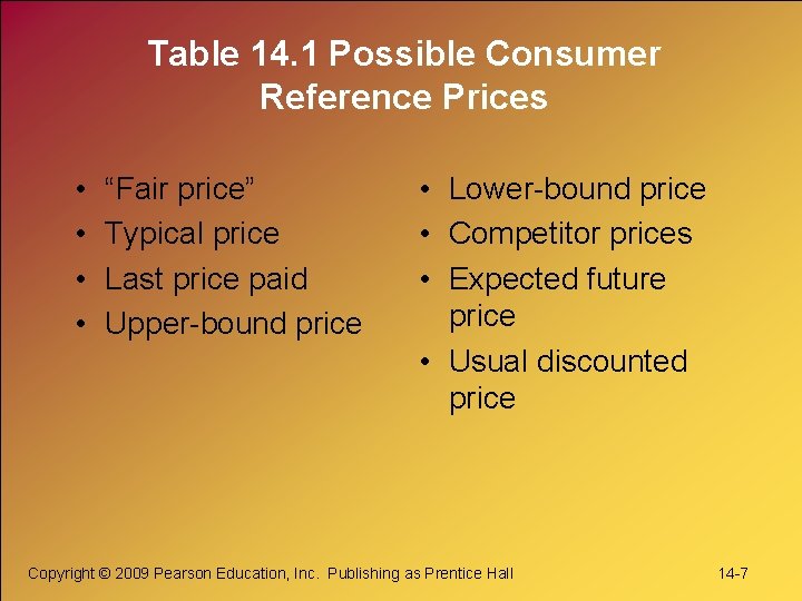 Table 14. 1 Possible Consumer Reference Prices • • “Fair price” Typical price Last