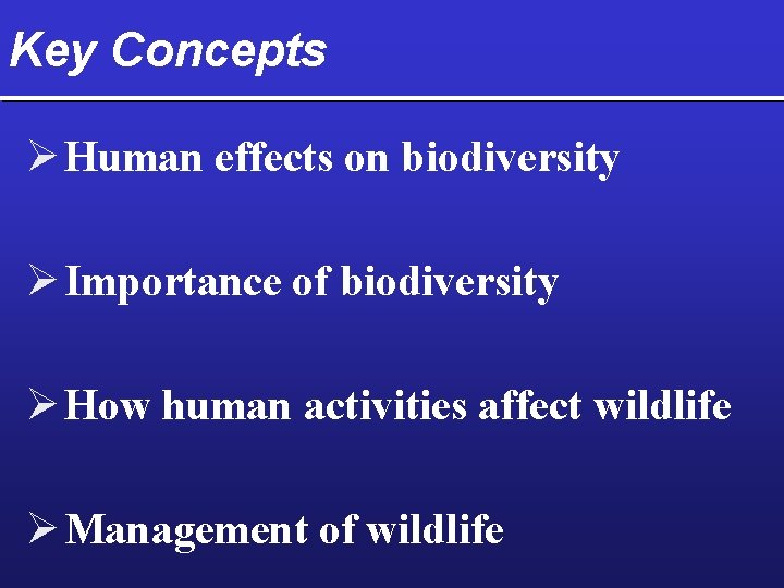 Key Concepts Ø Human effects on biodiversity Ø Importance of biodiversity Ø How human