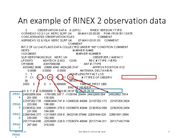 An example of RINEX 2 observation data PRN 1 4 PRN 0 5 PRN