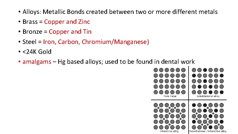  • Alloys: Metallic Bonds created between two or more different metals • Brass