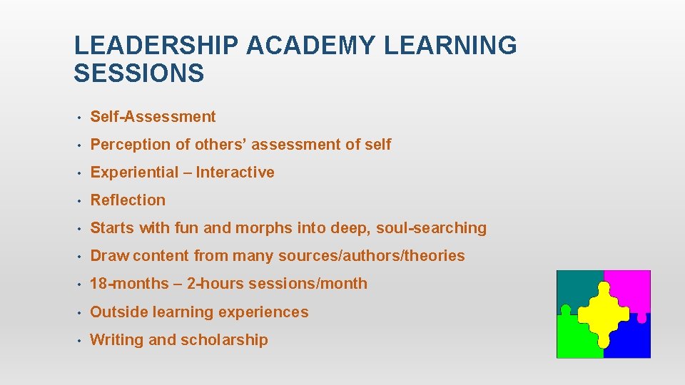 LEADERSHIP ACADEMY LEARNING SESSIONS • Self-Assessment • Perception of others’ assessment of self •