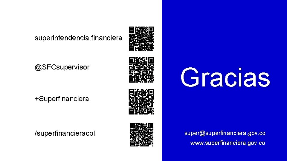 superintendencia. financiera @SFCsupervisor Gracias +Superfinanciera /superfinancieracol super@superfinanciera. gov. co www. superfinanciera. gov. co 