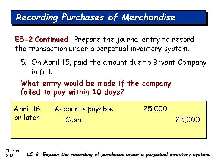 Recording Purchases of Merchandise E 5 -2 Continued Prepare the journal entry to record