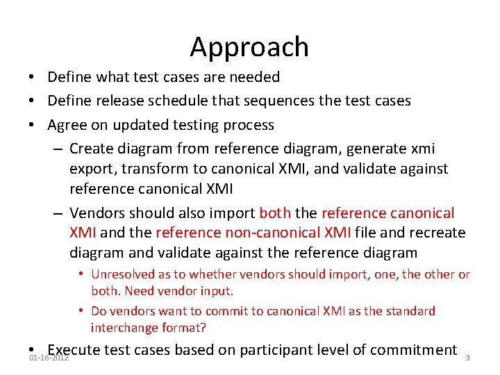 Approach • Define what test cases are needed • Define release schedule that sequences
