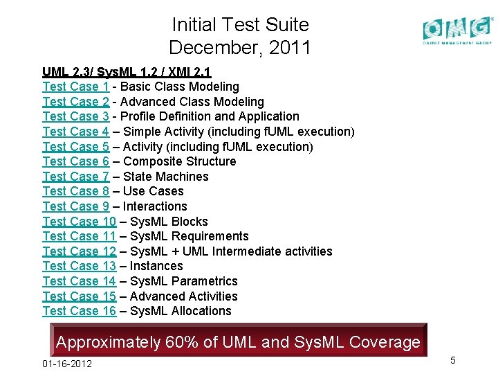 Initial Test Suite December, 2011 UML 2. 3/ Sys. ML 1. 2 / XMI