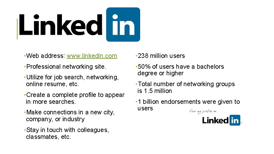  • Web address: www. linkedin. com • 238 million users • Professional networking