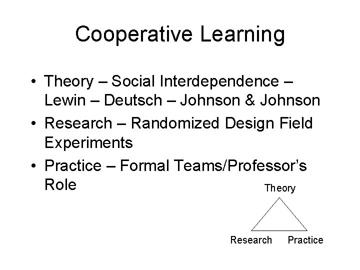 Cooperative Learning • Theory – Social Interdependence – Lewin – Deutsch – Johnson &