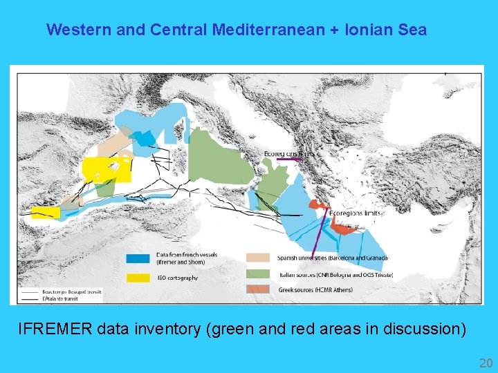 Western and Central Mediterranean + Ionian Sea IFREMER data inventory (green and red areas