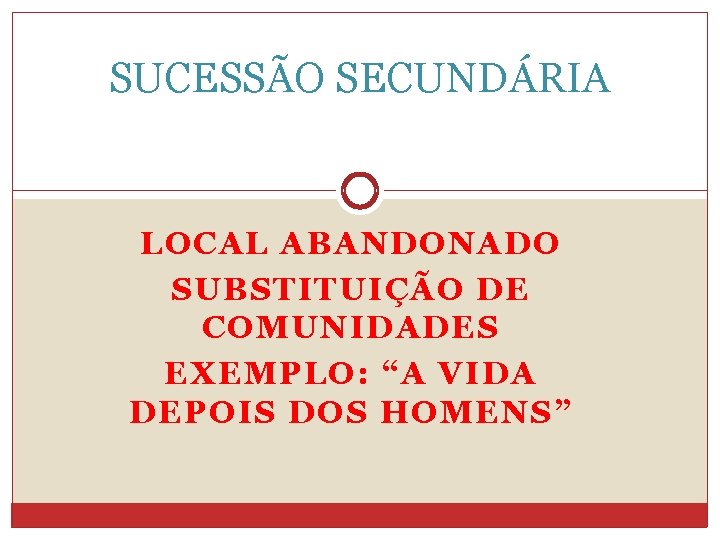 SUCESSÃO SECUNDÁRIA LOCAL ABANDONADO SUBSTITUIÇÃO DE COMUNIDADES EXEMPLO: “A VIDA DEPOIS DOS HOMENS” 