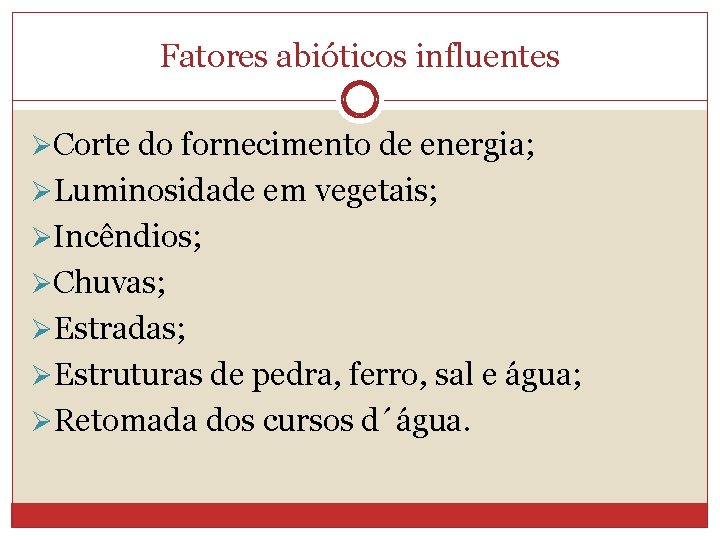 Fatores abióticos influentes ØCorte do fornecimento de energia; ØLuminosidade em vegetais; ØIncêndios; ØChuvas; ØEstradas;