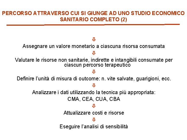 PERCORSO ATTRAVERSO CUI SI GIUNGE AD UNO STUDIO ECONOMICO SANITARIO COMPLETO (2) Assegnare un