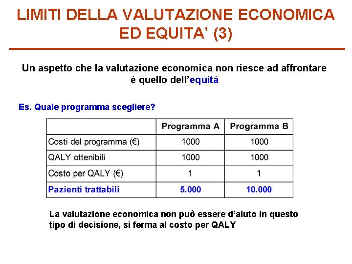 LIMITI DELLA VALUTAZIONE ECONOMICA ED EQUITA’ (3) Un aspetto che la valutazione economica non