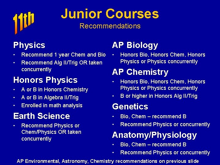 Junior Courses Recommendations Physics AP Biology • • • Recommend 1 year Chem and