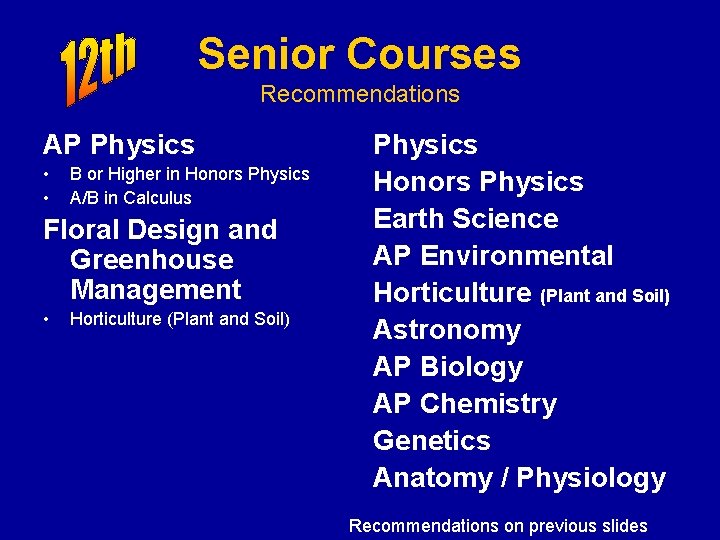 Senior Courses Recommendations AP Physics • • B or Higher in Honors Physics A/B