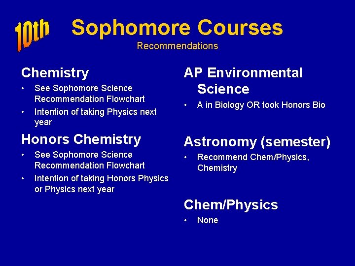 Sophomore Courses Recommendations Chemistry • • See Sophomore Science Recommendation Flowchart Intention of taking