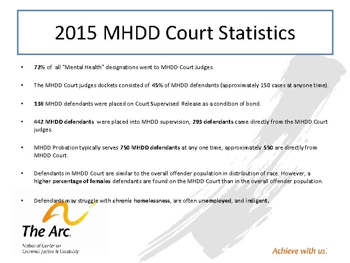 2015 MHDD Court Statistics • 72% of all “Mental Health” designations went to MHDD