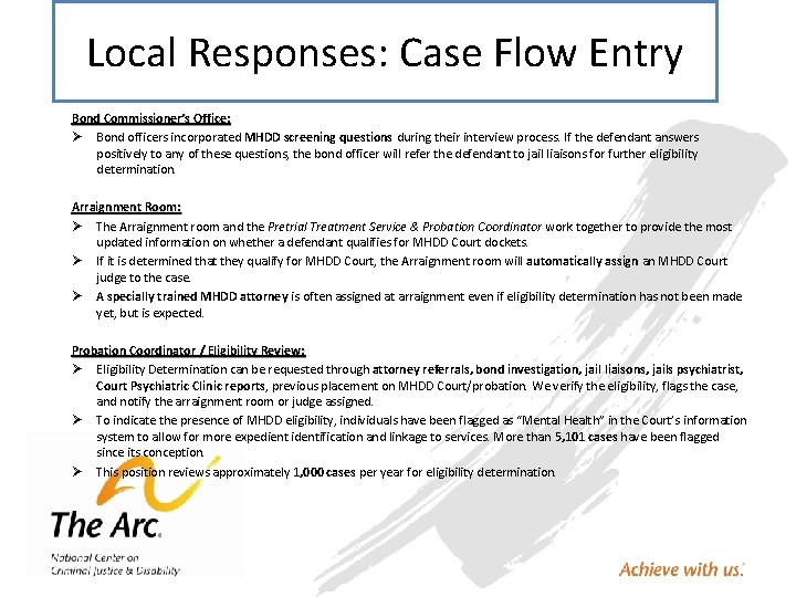 Local Responses: Case Flow Entry Bond Commissioner’s Office: Ø Bond officers incorporated MHDD screening