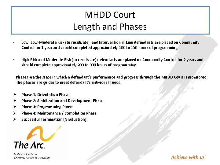MHDD Court Length and Phases • Low, Low-Moderate Risk (to recidivate), and Intervention in