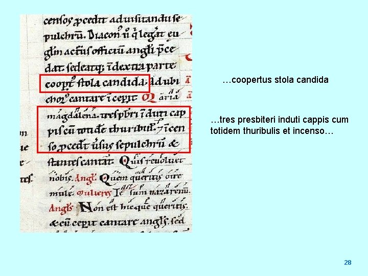 …coopertus stola candida …tres presbiteri induti cappis cum totidem thuribulis et incenso… 28 