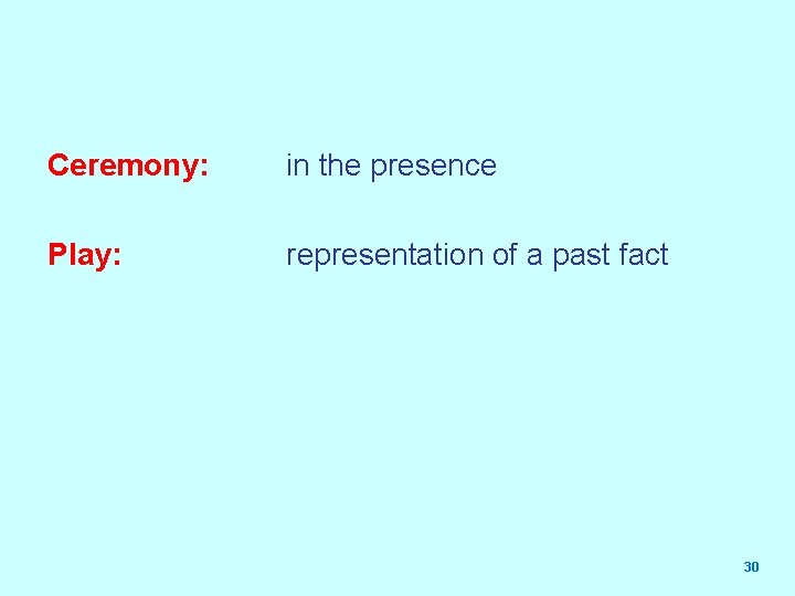 Ceremony: in the presence Play: representation of a past fact 30 