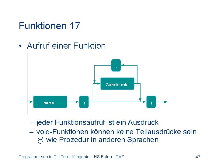 Funktionen 17 • Aufruf einer Funktion – jeder Funktionsaufruf ist ein Ausdruck – void-Funktionen