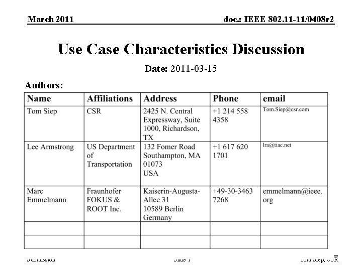 March 2011 doc. : IEEE 802. 11 -11/0408 r 2 Use Case Characteristics Discussion