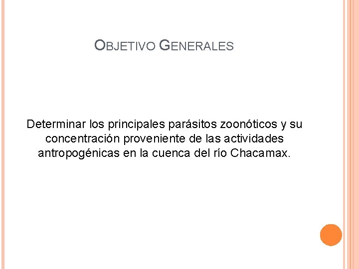 OBJETIVO GENERALES Determinar los principales parásitos zoonóticos y su concentración proveniente de las actividades