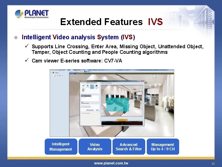 Extended Features IVS u Intelligent Video analysis System (IVS) ü Supports Line Crossing, Enter