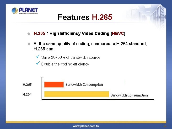 Features H. 265 u H. 265：High Efficiency Video Coding (HEVC) u At the same
